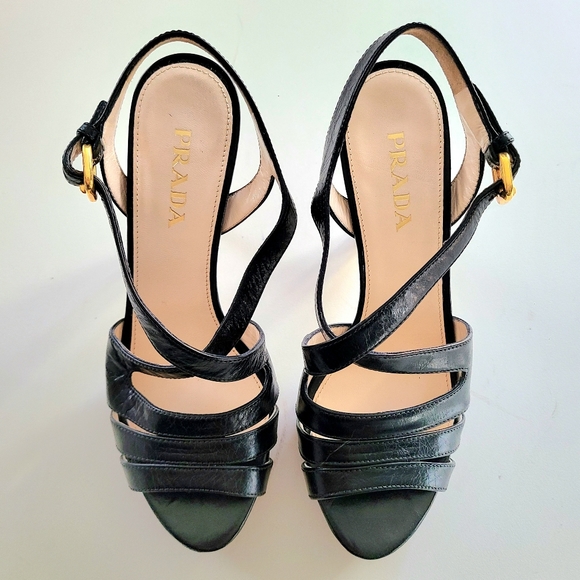 PRADA Black Leather Platform Stacked Wood Heel With Gold Buckle Ankle Strap 36 - Picture 11 of 12